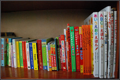 A row of various books on a shelf.