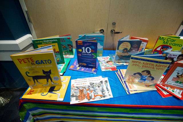 Various children's books on a table like a display.