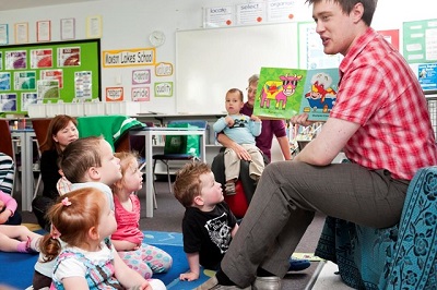 Person reading a book to children.