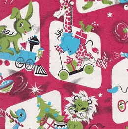 Pink fabric or paper depicting cartoon animals riding various vehicles.