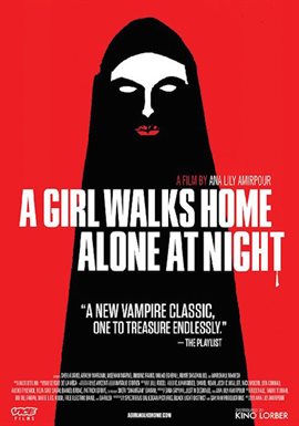 Book cover for a girl walks home alone at night with an illustration of a figure clad in black against a red background.