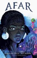 Graphic novel cover for "AFAR" featuring a young girl with glowing eyes and large hoop earrings against a cosmic, purple-hued background.
