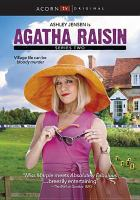 Promotional poster for the series "Agatha Raisin" featuring Ashley Jensen in a pink dress and large orange hat, standing before a cottage.