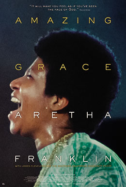 Movie poster for Amazing Grace, Aretha Franklin showing a side image of Aretha.