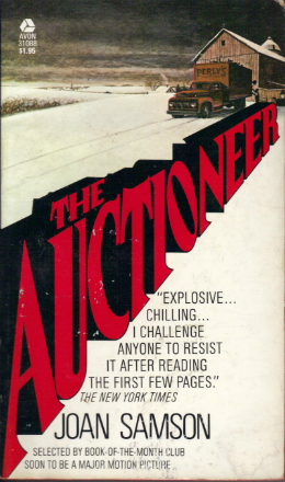 Book cover for The Auctioneer with bold red letters running diagonally across a drawing of a barn and a truck in a snowy landscape.
