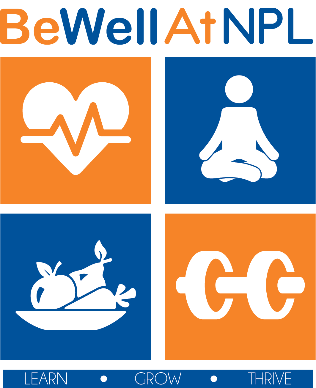 Be well at NPL banner showing a silhouette of a dumbbell, an heart, a fruit bowl, and someone doing yoga.