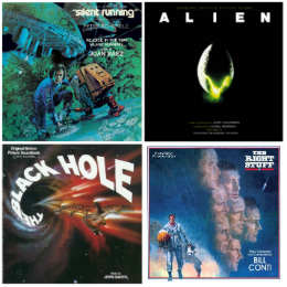 Four movie posters: Silent Running, Alien, The Black Hole, and The Right Stuff.
