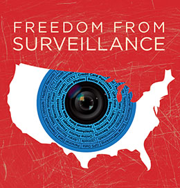 Outline of the United States with a large camera lens in the middle set against a red background.