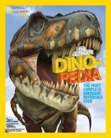 Book cover fro Dino-pedia showing a T-Rex with the book title between his teeth.