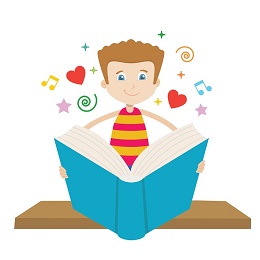 Illustration of a boy with a red and yellow stripe shirt holding an open blue book.