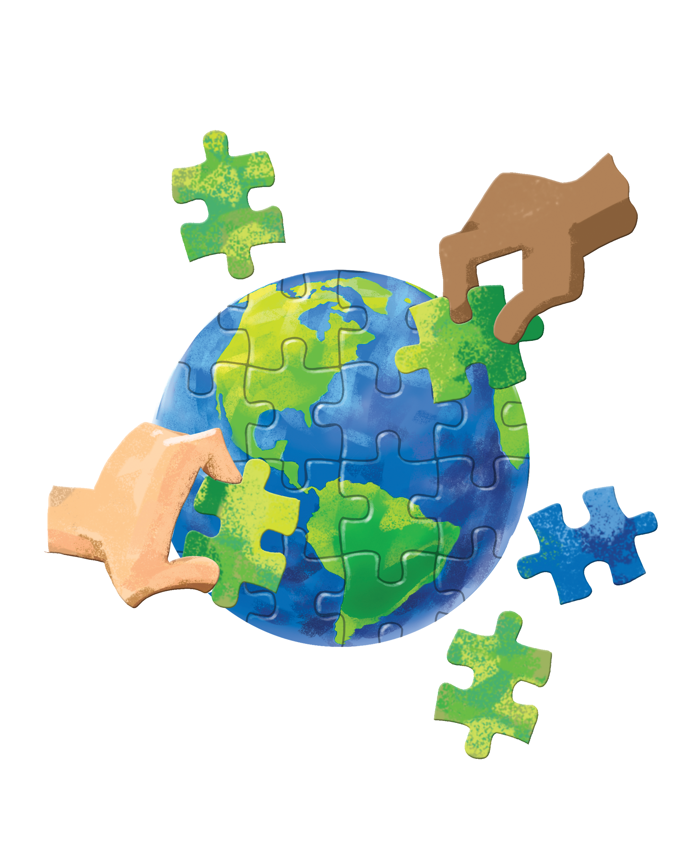 Illustration of the earth made up of puzzle pieces and two hands putting the pieces together.