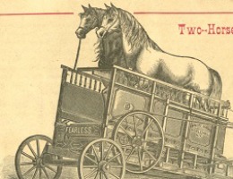 Illustration of two horses in a wagon.