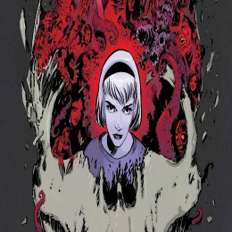 Illustration from the Chilling Tales of Sabrina showing a girl in a spooky red, purple, and gray cloud.
