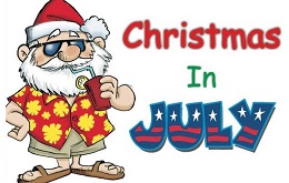 Drawing of Santa Claus in a Hawaiian shirt next to the words Christmas in July.