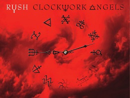 Album cover for Clockwork Angels by Rush showing a clock with zodiac signs in place of numbers against a red background.