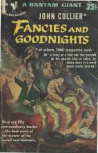 Book cover for Fancies and Goodnights showing a drawing of men and women in mythological poses.