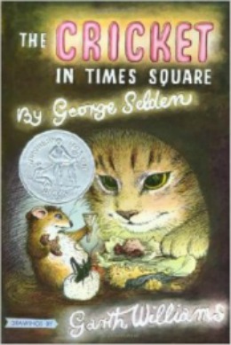Book cover for The Cricket in Times Square showing a cat looking at a mouse through a hole.