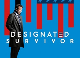 Promotional poster for the TV show "Designated Survivor," featuring Kiefer Sutherland against a stylized, dripping American flag background.