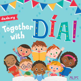 Colorful illustration of diverse children reading books under the text "Together with DÍA!" with festive banners on a light blue background.