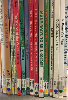 Row of easy reader books on a shelf.