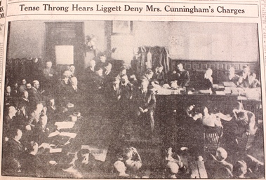 Newspaper clipping with the headline "Tense Throng Hears Liggett Deny Mrs. Cunningham's Charges."