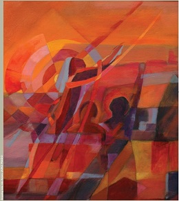 Abstract painting featuring geometric shapes in shades of red and orange.