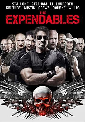 Movie poster for "The Expendables" featuring the ensemble cast led by Sylvester Stallone, with a skull and weapons logo at the bottom.