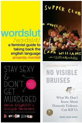 Four book covers: Wordslut, Supper club, Stay Sexy and Don't Get Murdered, and No Visible Bruises.