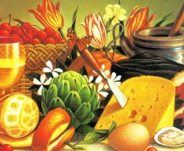 Painting of cheese, oranges, artichokes, flowers, and other items.