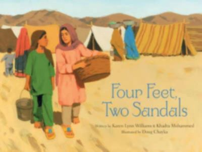 Book cover for "Four Feet, Two Sandals" depicting two young girls walking in a refugee camp, each wearing one yellow sandal.