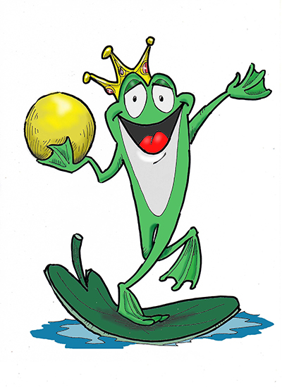 A cartoon illustration of a smiling green frog wearing a crown, holding a golden ball, and balancing on a green leaf atop a puddle.