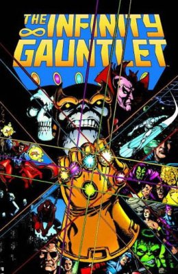 The cover of Marvel's "The Infinity Gauntlet" comic featuring Thanos holding the gauntlet with heroes in the background.
