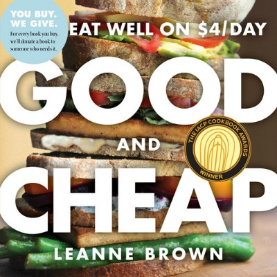 Book cover for Good and Cheap, features a book title of a photo of a stack of sandwiches.