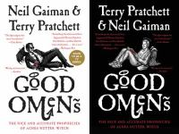 Two editions of the book "Good Omens" side-by-side: one white with a demon and one black with an angel illustration.