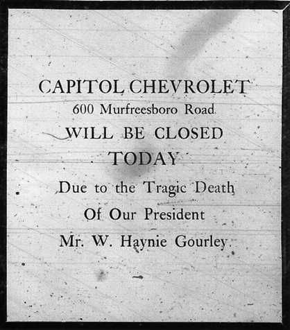 A notice for Capitol Chevrolet stating they will be closed today due to the death of their president, Mr. W. Harris Gourley.