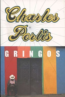 Book cover for "Gringos" by Charles Portis, featuring a colorful, striped background and a small character icon.