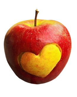 A red apple with a bite taken out of it in the shape of a heart.
