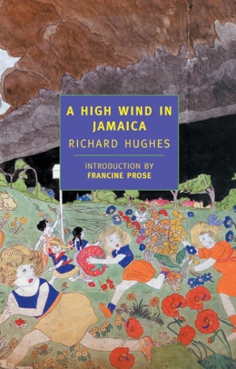 Book cover for A High Wind in Jamaica showing a painting of children running from something.