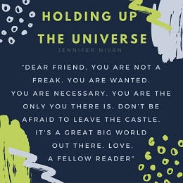 Blue background with abstract line drawing with a quote titled "Holding Up the Universe."