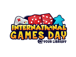 Logo for International Games Day showing dice and cards.