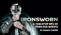 Woman in armor holding a sword next to the text "Ironsworn, a Tabletop RPG of Perilous Quests."