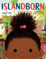 Book cover for an illustrated book called Island Born showing a drawing of a small girl with dark hair piled on the top of hear head.