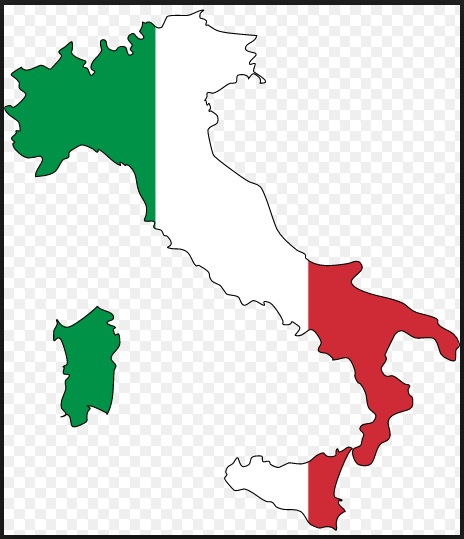 Drawing of Italy with green, white, and red stripes like the Italian flag.