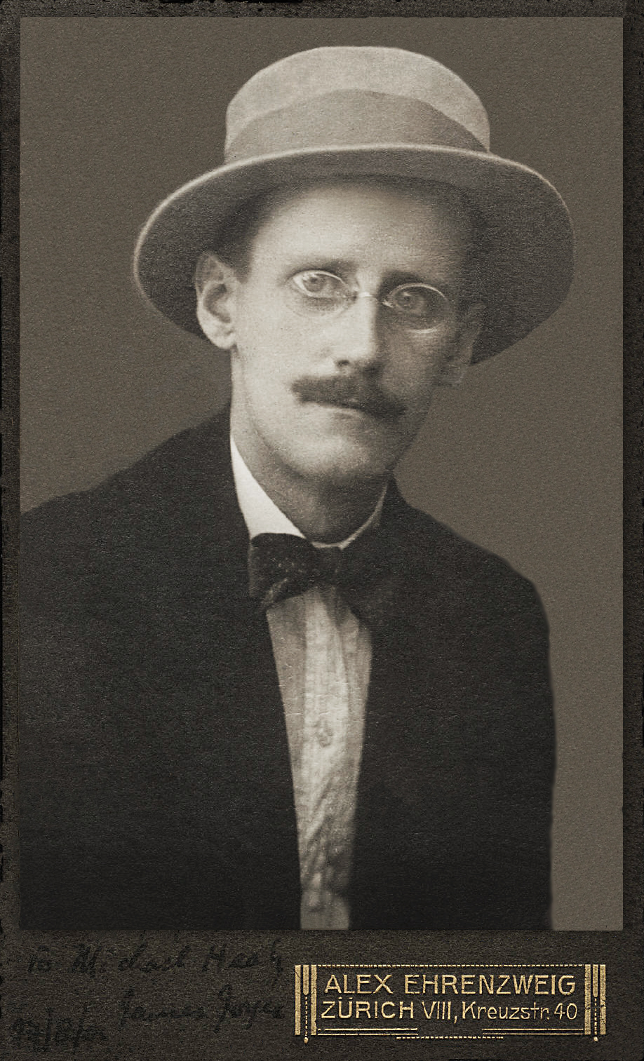 Black and white photo of James Joyce with a hat and wearing a suit.