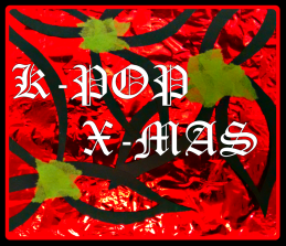 An abstract graphic with a red textured background, green accents, black leaf silhouettes, and the text "K-POP X-MAS."