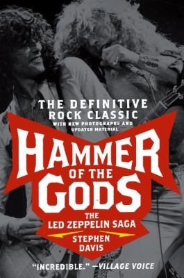 Book cover for hammer of the gods shows long-haired man singing into microphone leaning against long-haired man playing electric guitar.