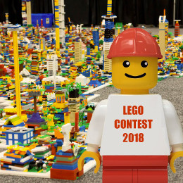 LEGO figure with hardhat wears shirt reading LEGO contest 2018.