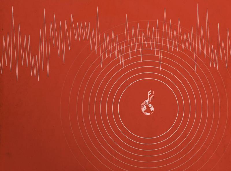 Graphic. Red background. Foreground sound waves.