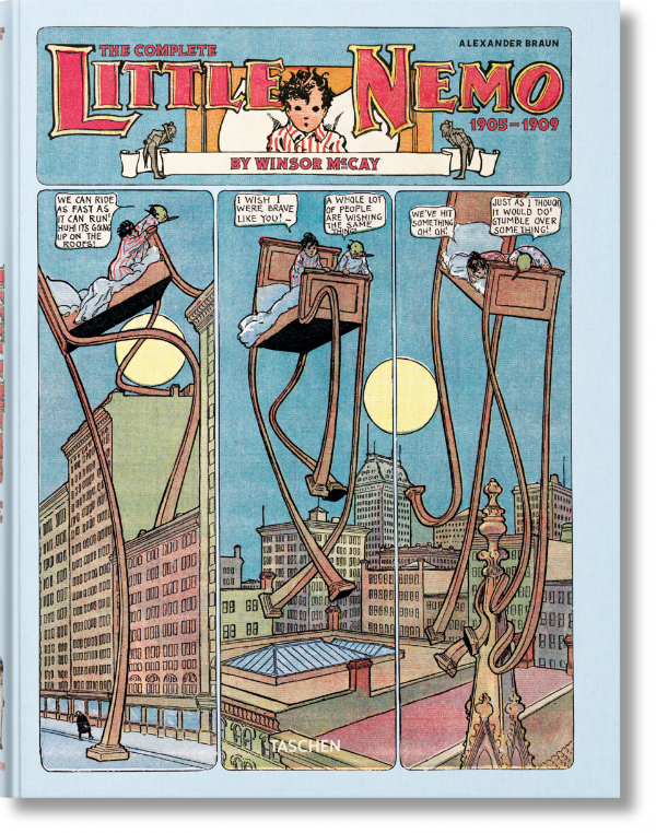 Little Nemo book cover shows cartoon images of a bed with legs walking around a city.