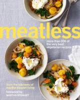 book cover for meatless has three plates of food.